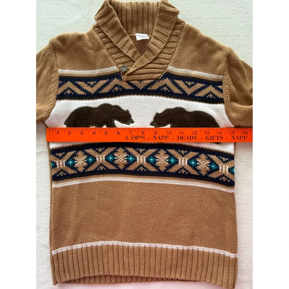 Gymboree Boys Bear Aztec Shawl Collar Sweater Tan Winter Pullover Size 7/8